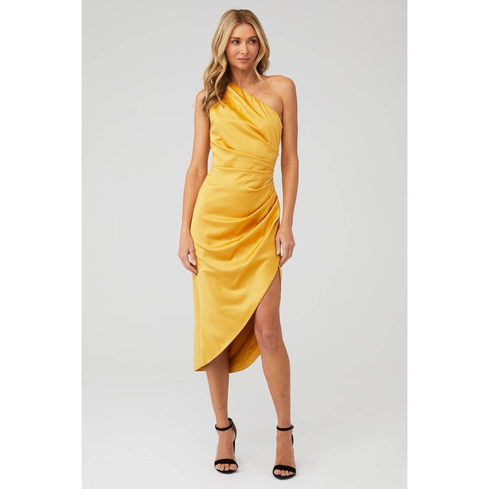 Elliatt Cassini One Shoulder Dress Size Medium Yellow Turmeric Draped Midi Satin